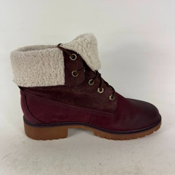 Timberland Jayne Fleece Boots 7.5 Burgundy Leather Round Toe Lace-up Mid-Calf - Picture 3 of 9